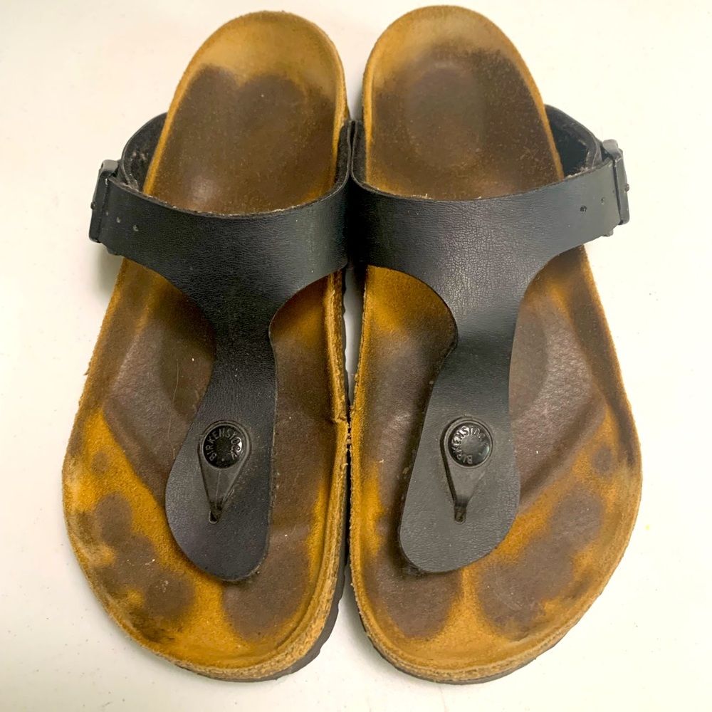 Black Birkenstock Thong Sandals with Brown Sole